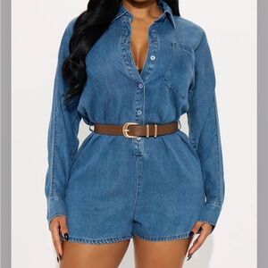 NWT Great Soft Fabric Denim Button-Up Romper with Brown Belt